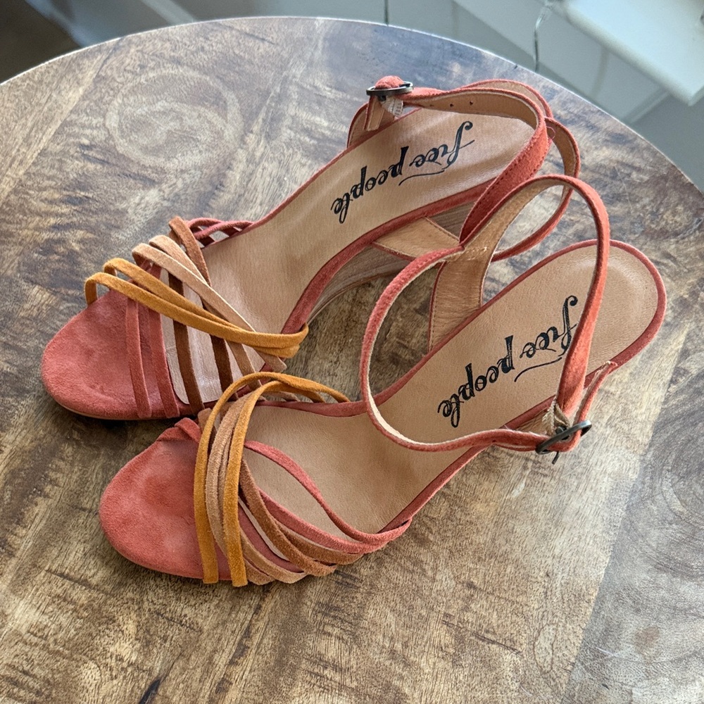 🩷🧡💛 Free People Coral and Mustard Strappy Suede Slingback Heels